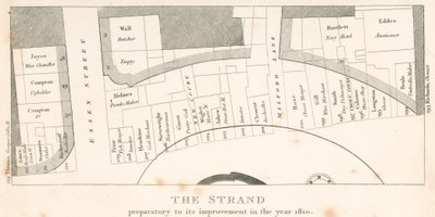 The Strand, Londres, antes de su mejora en el año 1810; plan de la zona de English School
