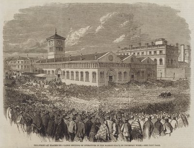 La huelga en Blackburn, gran reunión de operarios en la plaza del mercado el jueves pasado (grabado) de English School