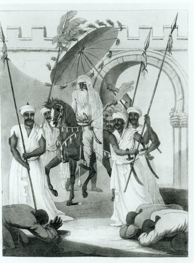 El Sultán de Marruecos saliendo para dar audiencia, de Viajes a través de Francia y España a Marruecos por Maurice Keatinge, publicado en 1817 de English School