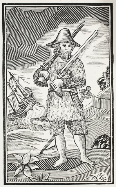 La sorprendente vida y las más extrañas aventuras de Robinson Crusoe de la ciudad de York, marinero, ilustración de Chap-books del siglo XVIII de John Ashton, pub. 1882 de English School