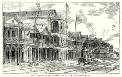 La terminal del ferrocarril de Panamá en Colón (Aspinwall) (grabado) de English School