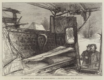 El Terrible Accidente Ferroviario en Shipton-on-Cherwell, un Vagón de Primera Clase después del Accidente (grabado) de English School