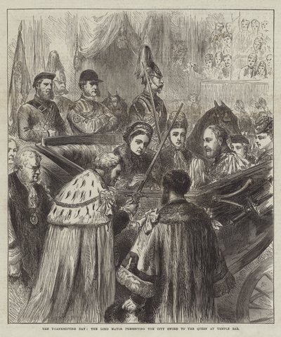 El Día de Acción de Gracias, el alcalde presentando la espada de la ciudad a la reina en Temple Bar (grabado) de English School
