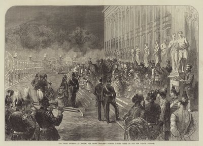 Los tres emperadores en Berlín, la fiesta nocturna en el jardín de la princesa heredera en el Nuevo Palacio, Potsdam (grabado) de English School