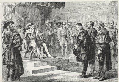Los tres embajadores protestantes ante el emperador Carlos, ilustración de La Historia del Protestantismo de James Aitken Wylie, pub. 1878 de English School