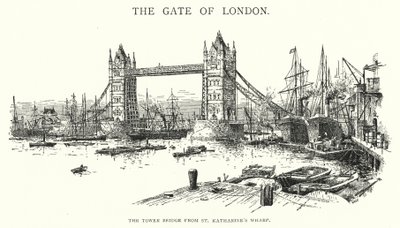El Puente de la Torre desde el muelle de St Katharine (grabado) de English School