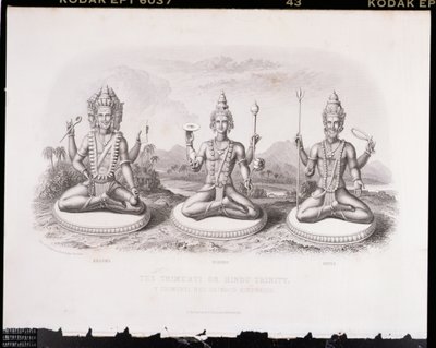 La Trimurti o Trinidad Hindú, grabado por A. Thorn, de Religión Mundial, publicado por A. Fullarton & Co. de English School