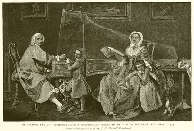 La familia Tschudi: Tschudi afinando un instrumento presentado por él a Federico el Grande, 1745 de English School