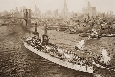 El acorazado de los Estados Unidos, Texas, partiendo del puerto de Nueva York, ilustración de 