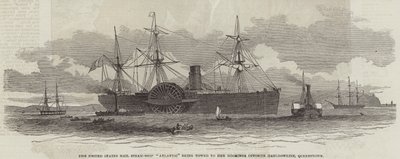 El Buque de Correo de los Estados Unidos "Atlantic" siendo remolcado a sus Amarras frente a Haulbowline, Queenstown (grabado) de English School
