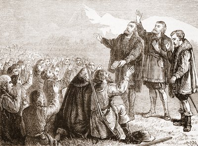 Los valdenses tomando su juramento, ilustración de La Historia del Protestantismo de James Aitken Wylie, pub. 1878 de English School