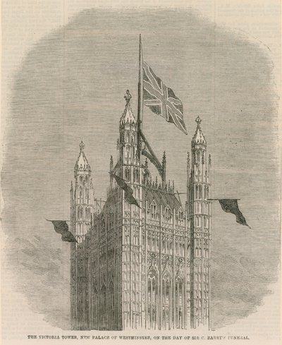 La Torre Victoria, nuevo Palacio de Westminster, en el día del funeral de Sir C Barnet de English School