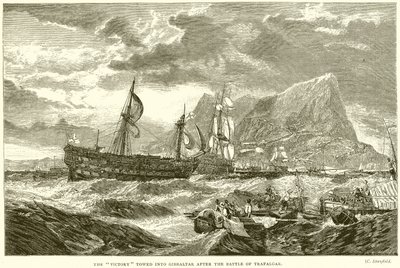 La Victoria remolcada a Gibraltar después de la Batalla de Trafalgar de English School
