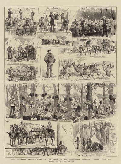 La revisión de los voluntarios, notas en los campamentos de la Compañía de Artillería Honorable y los Voluntarios Navales Reales (grabado) de English School
