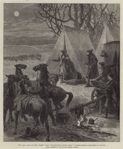 La guerra, campamento de los corresponsales del "Times" y "Illustrated London News" atacado por lobos (grabado) de English School