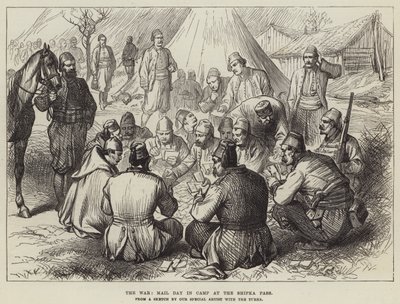 La guerra, día de correo en el campamento en el Paso de Shipka (grabado) de English School