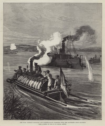 La guerra, cañonera rusa y torpederos luchando con las baterías cerca de Silistria (grabado) de English School