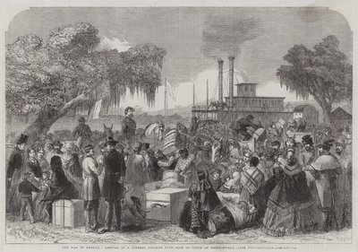 La guerra en América, llegada de un vapor federal con bandera de tregua a Madisonville, Lago Pontchartrain (grabado) de English School