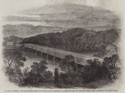 La Guerra en América, el Puente de Cadenas sobre el Potomac arriba de Georgetown, mirando hacia la Orilla de Virginia (grabado) de English School