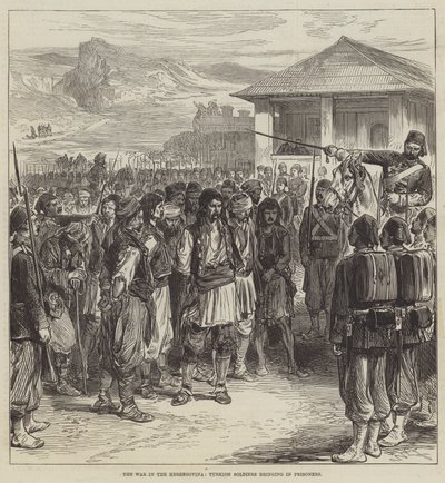 La guerra en Herzegovina, soldados turcos trayendo prisioneros (grabado) de English School