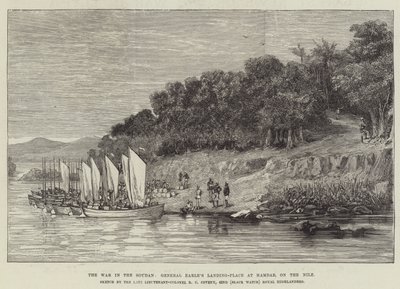 La Guerra en el Sudán, Lugar de Desembarco del General Earle en Hamdab, en el Nilo (grabado) de English School