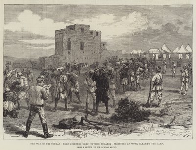La guerra en Sudán, campamento de cuartel general, fuera de Souakim, prisioneros trabajando limpiando el campamento de English School