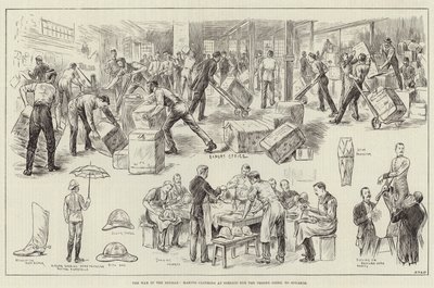 La Guerra en el Sudán, haciendo Ropa en Pimlico para las Tropas que van a Souakim (grabado) de English School