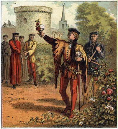 La Guerra de las Dos Rosas (1455-1485): el comienzo del conflicto. Un Lord de la Casa Real de York recoge una rosa blanca y otro de la Casa Real de Lancaster recoge una rosa roja. Ilustración de la Guerra Civil Inglesa nacida por la división de los su de English School