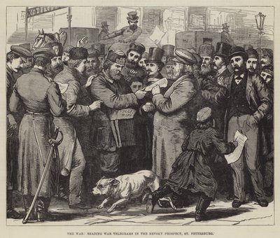 La guerra, leyendo telegramas de guerra en la Avenida Nevsky, San Petersburgo (grabado) de English School