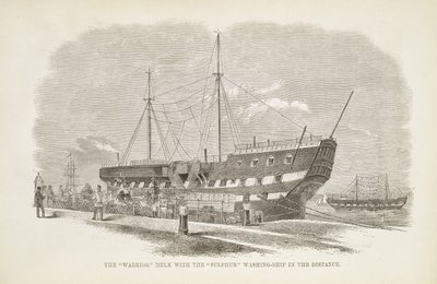 El Cascarón Guerrero con el Barco de Lavado de Azufre en la Distancia, de Las Prisiones Criminales de Londres y Escenas de la Vida en Prisión por Henry Mayhew y John Binny, 1862 de English School