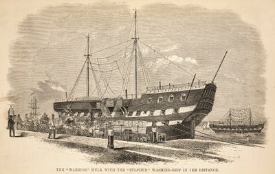 El casco Warrior con el barco de lavado Sulphur en la distancia, ilustración de Las prisiones criminales de Londres y escenas de la vida en prisión de Henry Mayhew y John Binny, pub. 1862 de English School