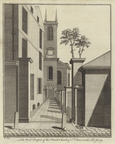 El Prospecto Oeste de la Iglesia Parroquial de St Olave en el Old Jewry, Londres de English School