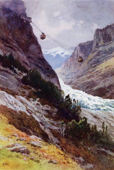 El teleférico del ferrocarril aéreo Wetterhorn, Suiza (litografia en color) de English School