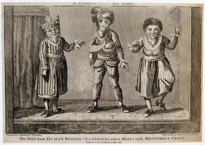 Los Seres Humanos Nacidos en la Naturaleza (Dos Mujeres y un Hombre) con Gargantas Monstruosas, como se Exhiben en el Haymarket, impreso para Carington Bowles, 1787 de English School