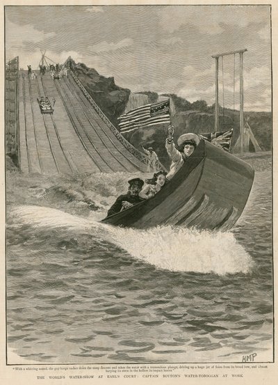 El espectáculo mundial de agua en Earls Court, Londres; el tobogán acuático del Capitán Boyton en acción de English School