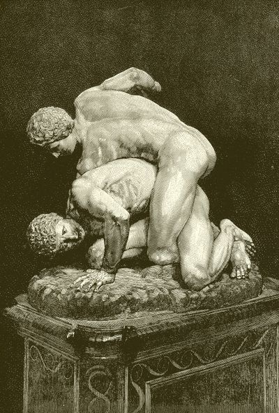 Los luchadores. Grupo de mármol en la Galería de los Uffizi de Florencia (grabado) de English School