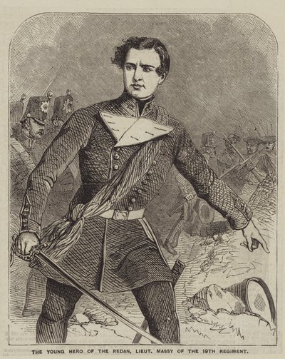 El joven héroe de Redan, teniente Massy del 19º Regimiento (grabado) de English School
