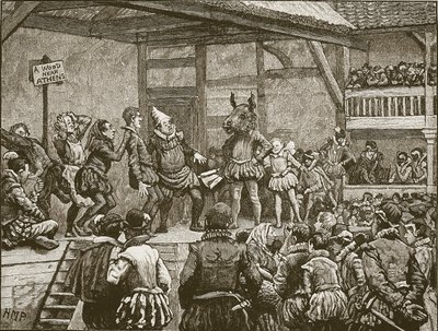 Representación de una obra de Shakespeare en tiempos de la reina Isabel, ilustración de la Historia Ilustrada de Inglaterra de Cassell de English School