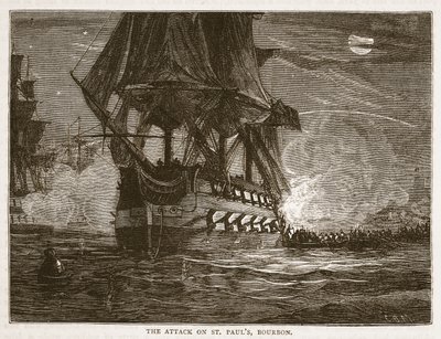 El ataque a St Pauls, Bourbon, ilustración de Cassells Illustrated History of India de James Grant, pub. 1879 de English School
