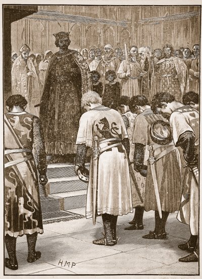 Los barones presentando sus demandas a Enrique, ilustración de Cassells Illustrated History of England de English School