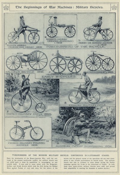 Los comienzos de las máquinas de guerra, bicicletas militares, precursores de la bicicleta militar moderna, etapas evolutivas continuas de English School
