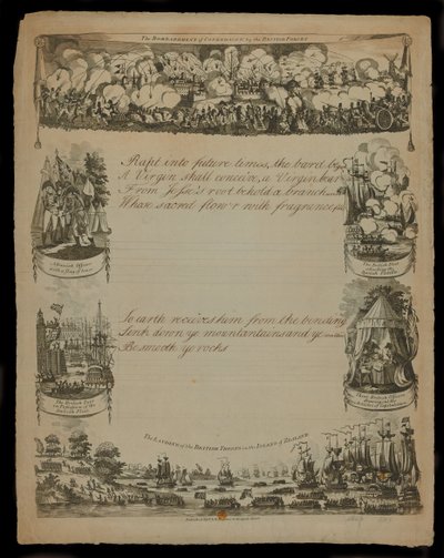 El bombardeo de Copenhague por las fuerzas británicas y el desembarco de las fuerzas británicas en la isla de Zelanda, publicado por T. y R. Hughes en 1807 de English School