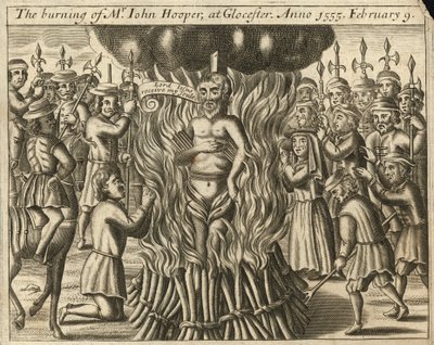 La quema del Sr. John Hooper en Glaucester, 9 de febrero de 1555 (grabado) de English School