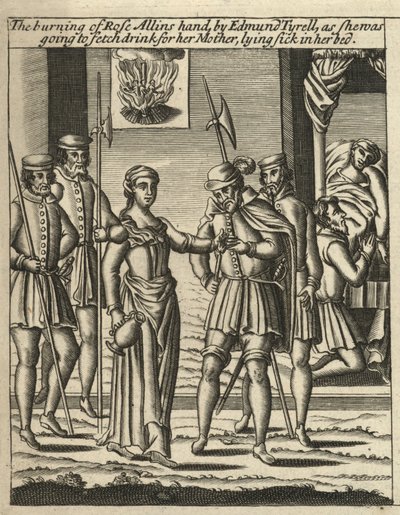 La quema de la mano de Rose Allins por Edmund Tyrell (grabado) de English School
