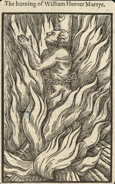 La quema de William Hunter, mártir (grabado) de English School