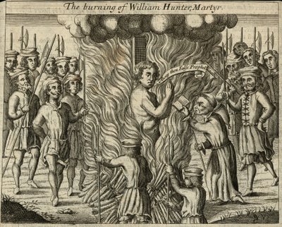 La quema de William Hunter, mártir (grabado) de English School