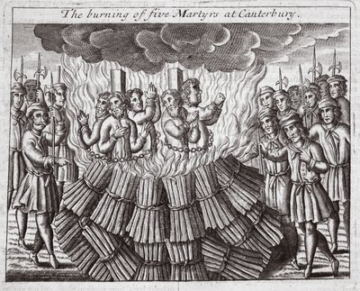 La quema de cinco mártires en Canterbury, ilustración de "Actas y Monumentos" de John Foxe, novena edición, pub. 1684 (litografía) de English School
