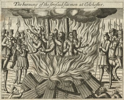 La quema de los mencionados seis hombres en Colchester (grabado) de English School