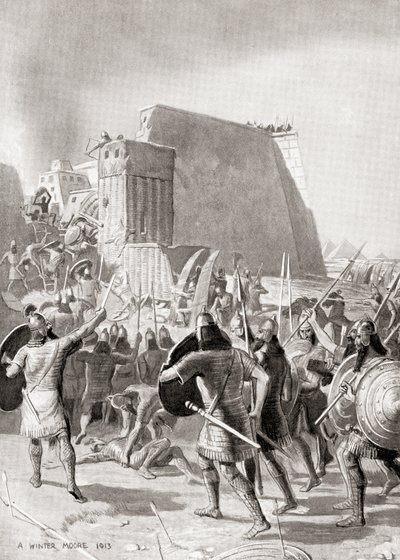 La captura de Menfis, Egipto por el rey asirio Esarhaddon, 671 a.C., de la Historia de las Naciones de Hutchinson, pub.1915 de English School