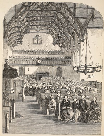 La capilla en Brixton, ilustración de Las prisiones criminales de Londres y escenas de la vida en prisión de Henry Mayhew y John Binny, pub. 1862 de English School